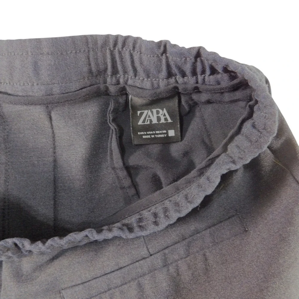 Zara Drawstring Elastic Waist Straight Leg Trouser Pants Women Small Navy Blue